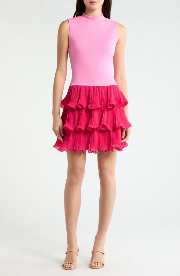 シュガーリップス レディース トップス ワンピース ティアード プリーツ ミニ カラーブロック SUGARLIPS Haydri Colorblock Tiered Pleated Minidress PinkRed レッド