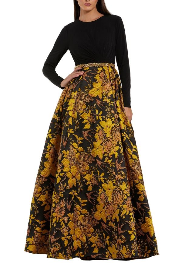 マックダガル レディース トップス ワンピース ハイネック ジャージー Mac Duggal High Neck Long Sleeve Jersey And Brocade Ballgown Black Gold ブラック