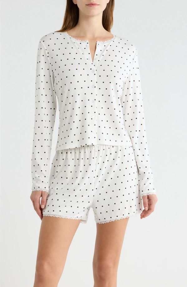 フレンチコネクション レディース アンダーウェア ナイトウェア プリント ニット French Connection Print Pointelle Knit Short Pajamas White Black Dot ホワイト