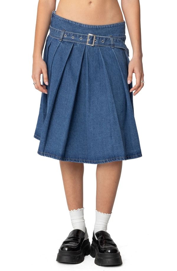 アディクテッド レディース ボトムス デニムパンツ プリーツ ミディ スカート EDIKTED Belted Pleatedenimidi Skirt Blue ブルー