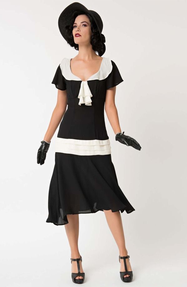 ユニークビンテージ レディース トップス ワンピース Unique Vintage 1920s Wilshire Flapper Day Dress Black White ホワイト
