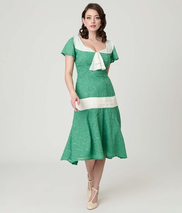 ユニークビンテージ レディース トップス ワンピース Unique Vintage 1920s Wilshire Flapper Day Dress Green WEmbroidery グリーン