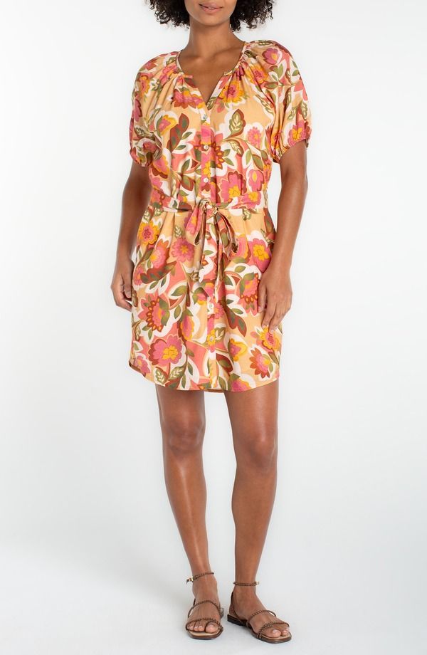 リバプール レディース トップス ワンピース フラワー柄 シャツ フラワー Liverpool Floral Shirred Shirtdress Tan Floral Mlt タン