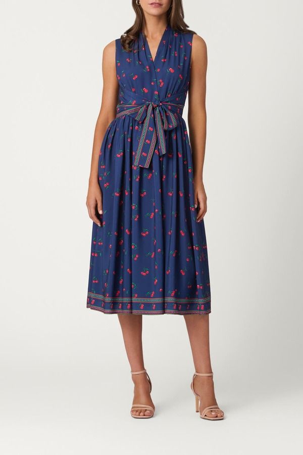 ショシャーナ レディース トップス ワンピース クレープリント Shoshanna Cherry Border Print Crepe de Chine Thorton Dress NavyCherry ネイビー