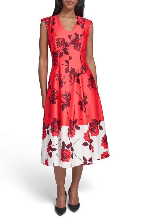 カール ラガーフェルド レディース トップス ワンピース フラワー柄 ミディ コットン カラーブロック フラワー KARLAGERFELD PARIS Floral Colorblock Stretch Cotton Midi Dress Apple Red 37,570円