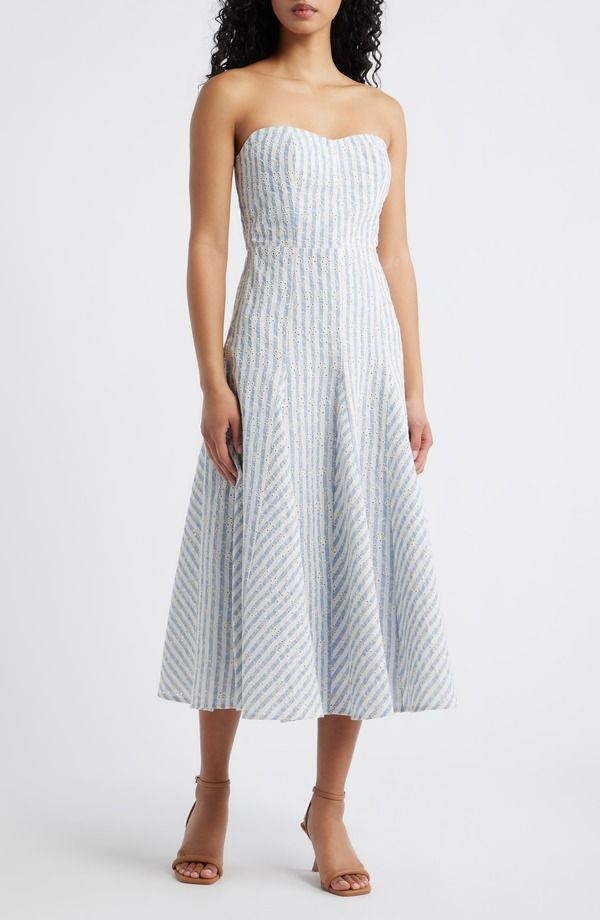 ルルズ レディース トップス ワンピース ミディ ストラップレス Lulus Karina Straplesstripeyelet Midi Dress Blue White ホワイト