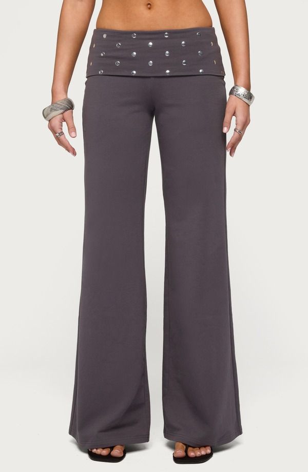 アディクテッド レディース ボトムス レギンス ワイドレッグ パンツ EDIKTED Breanna Studded Foldover Wide Leg Pants DarkGray グレー