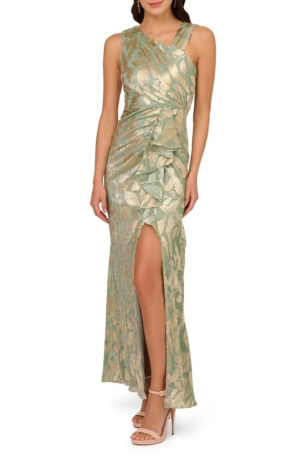 アドリアナ パペル レディース トップス ワンピース アシンメトリー Adrianna Papell Foil Asymmetric Neck Gown Sage Gold セージ 39,520円