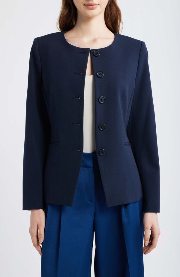 タハリエーエスエル レディース アウター ジャケット・ブルゾン Tahari ASL Collarless Button Jacket New Navy ネイビー