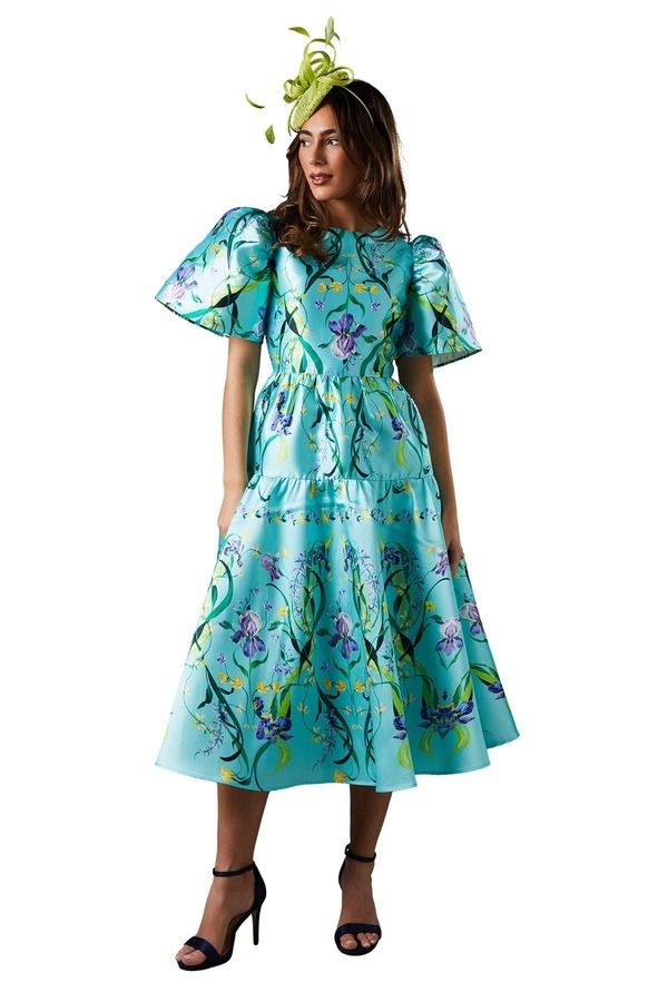 コースト レディース トップス ワンピース プリント ミディ Coastwill Puff Sleeve Printed Midi Dress Green グリーン