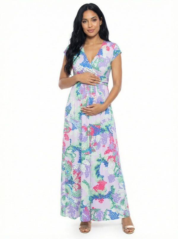 24 セブンコンフォート レディース トップス ワンピース サイドスリット Vネック A ライン キャップ マタニティ マキシ 24seven Comfort Apparel Maternity Abstract VNeck Cap Sleeve Side S