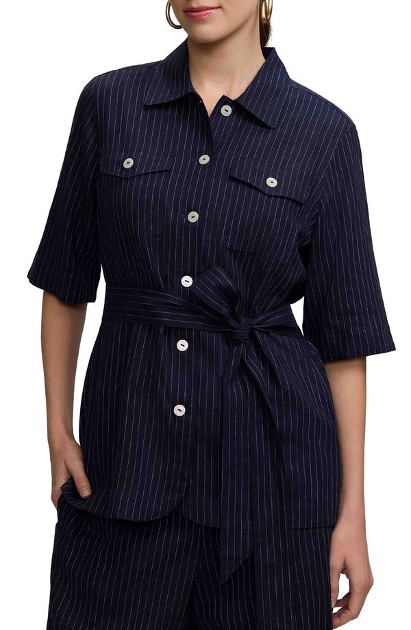 フォックスクラフト レディース アウター ジャケット・ブルゾン リネン Foxcroft Estela Stripe Linen Blend Jacket Navy Blue White ホワイト