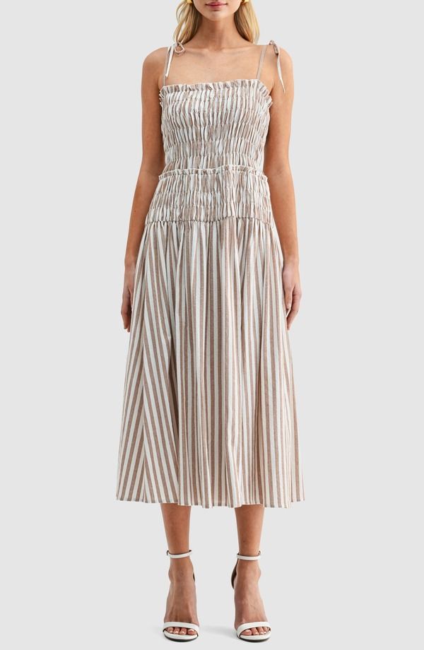 オールインフボール レディース トップス ワンピース ミディ シャーリング コットン All in Favor Stripe Tie Strap Smocked Cotton Midi Sundress Brown Ivory アイボリー