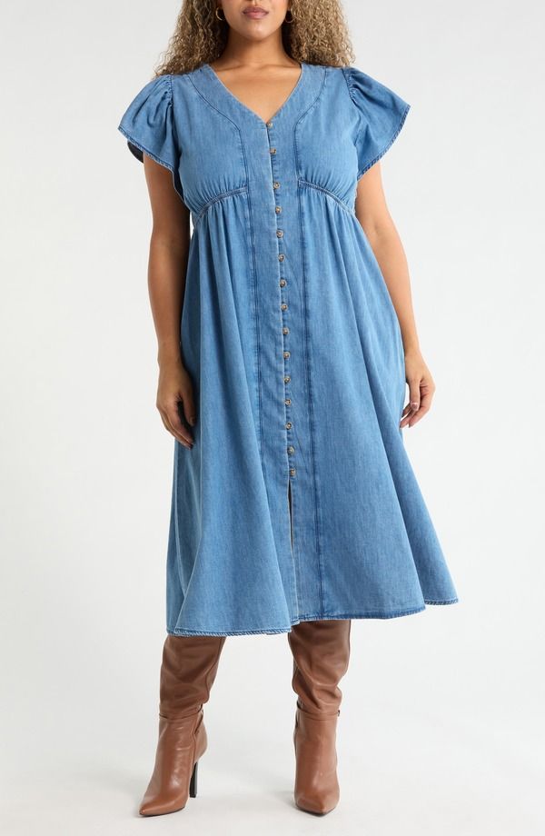 トレジャーアンドボンズ レディース トップス ワンピース ミディ Treasure Bond Flutter Sleeve Chambray Midi Dress Light Blue Wash ブルー
