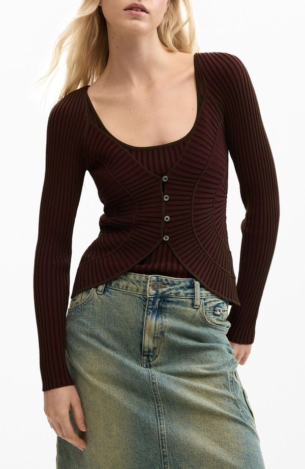 デジグアル レディース アウター パーカー・スウェット リブニット カーディガン ニット Desigual Rib Knit Cardigan Brown ブラウン