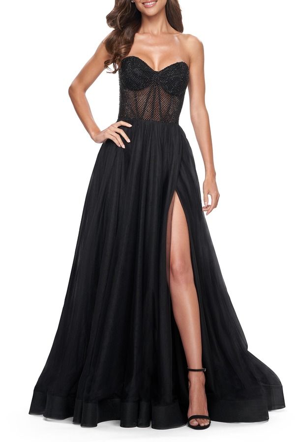 ラフェム レディース トップス ワンピース チュール A ライン La Femme ALine Tulle Prom Dress with Rhinestone Fishnet Bodice Black ブラック