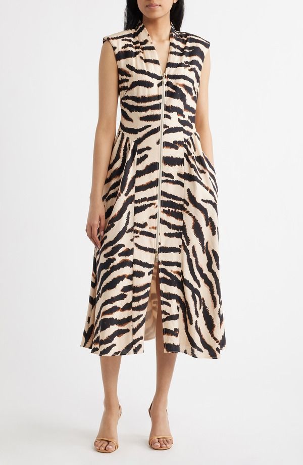 ヴィンスカムート レディース トップス ワンピース アニマル柄 プリント ミディ Vince Camuto Abstract Animal Print Cocktail Midi Dress Black Beige Leopard Print ブラック