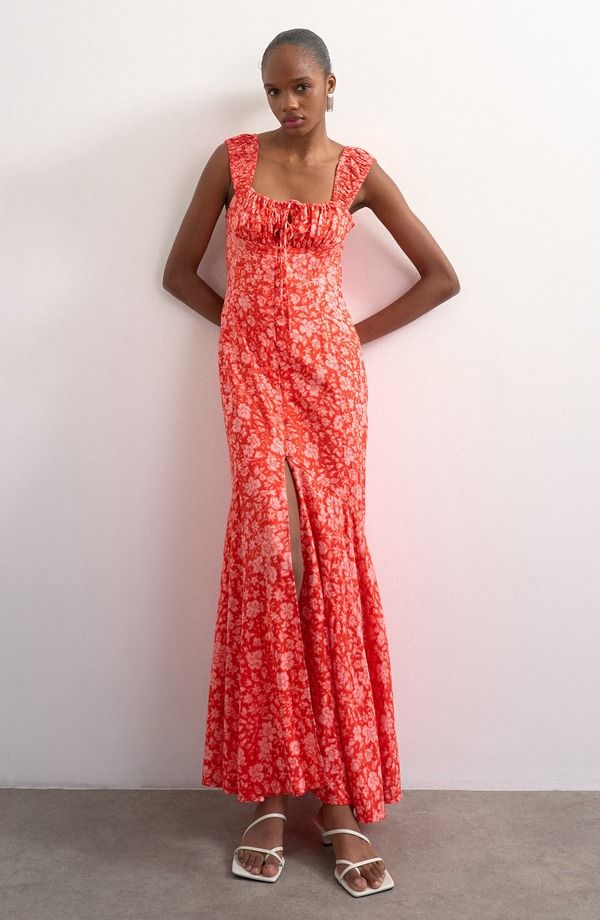 トップショップ レディース トップス ワンピース キャップ マキシ Topshop Button Front Cap Sleeve Maxi Dress Red レッド