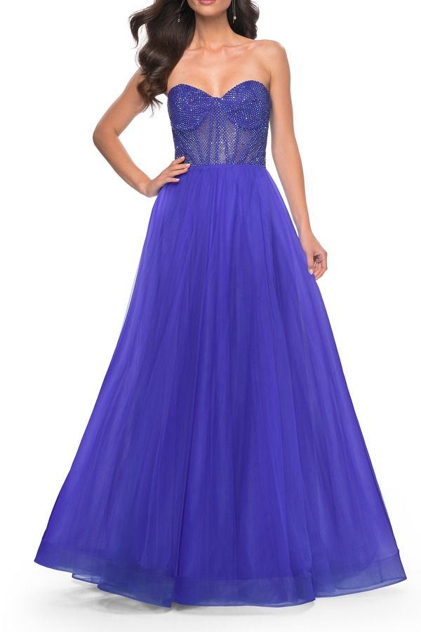 ラフェム レディース トップス ワンピース チュール A ライン La Femme ALine Tulle Prom Dress with Rhinestone Fishnet Bodice Royal Blue ブルー