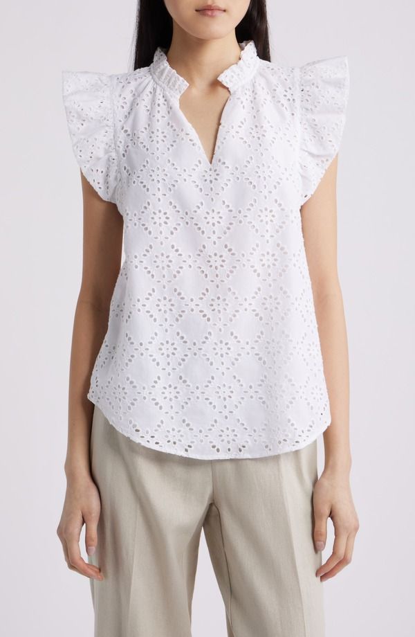 アンクライン レディース トップス シャツ コットン 刺繍 Anne Klein Embroidered Cotton Eyeletop Crisp White ホワイト 21,226円
