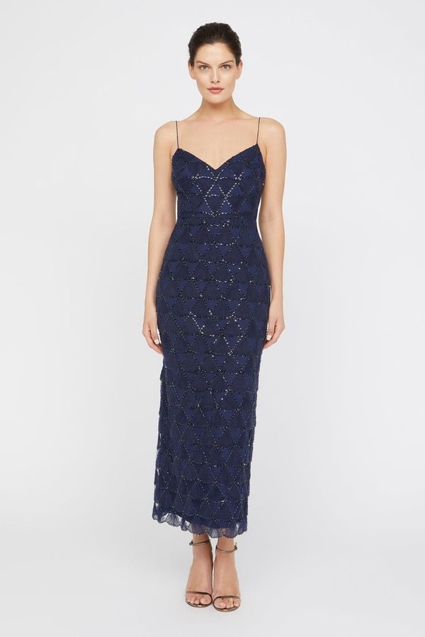 セイア レディース トップス ワンピース チュール Theia Elsy Textured Tulle Spaghetti Straps Beaded Sheath Dress Navy ネイビー