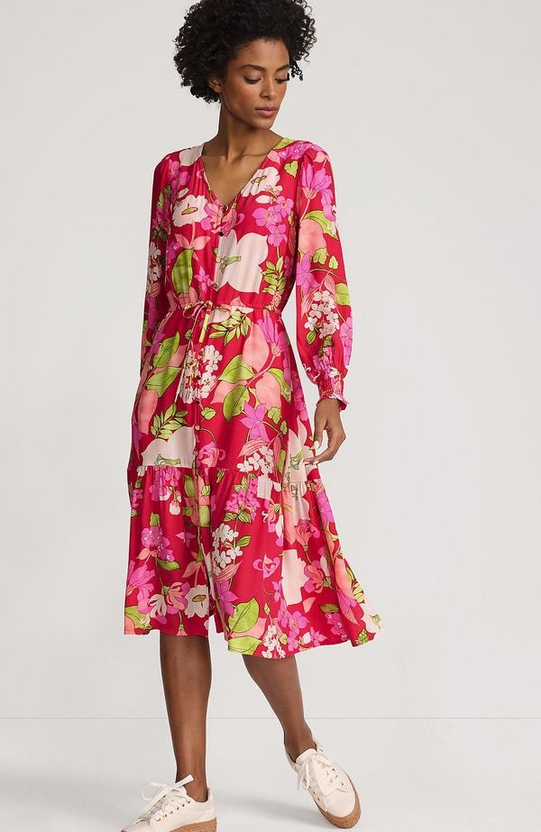 ランズエンド レディース トップス ワンピース クレープ ミディ Lands End Crepe Button Front Long Sleeve Midi Dress Berry Rouge Lilies