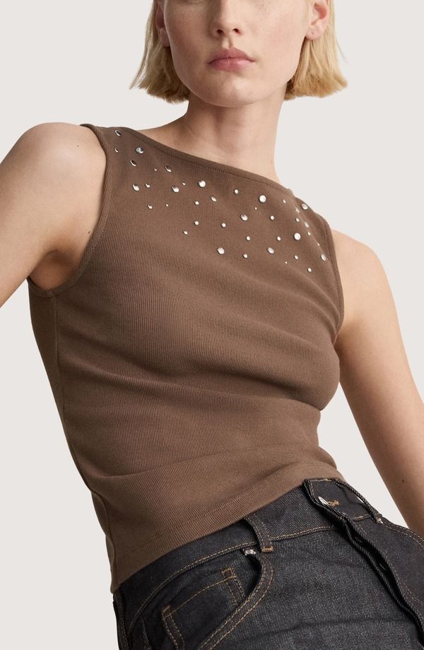 マンゴ レディース アウター パーカー・スウェット セーター ノースリーブ MANGO Studded Sleevelessweater Light Pastel Brown ブラウン