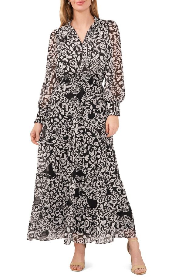 チャウス レディース トップス ワンピース ティアード ミディ シャーリング Chausmocked Waist Long Sleeve Tiered Midi Dress BlackWhite ホワイト