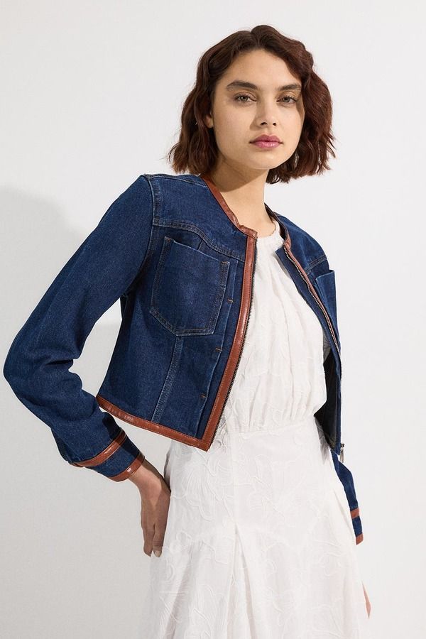 カレンミレン レディース アウター ジャケット・ブルゾン デニム レザー Karen Millen Denim Leather Collarless Jacket Dark Wash デニム