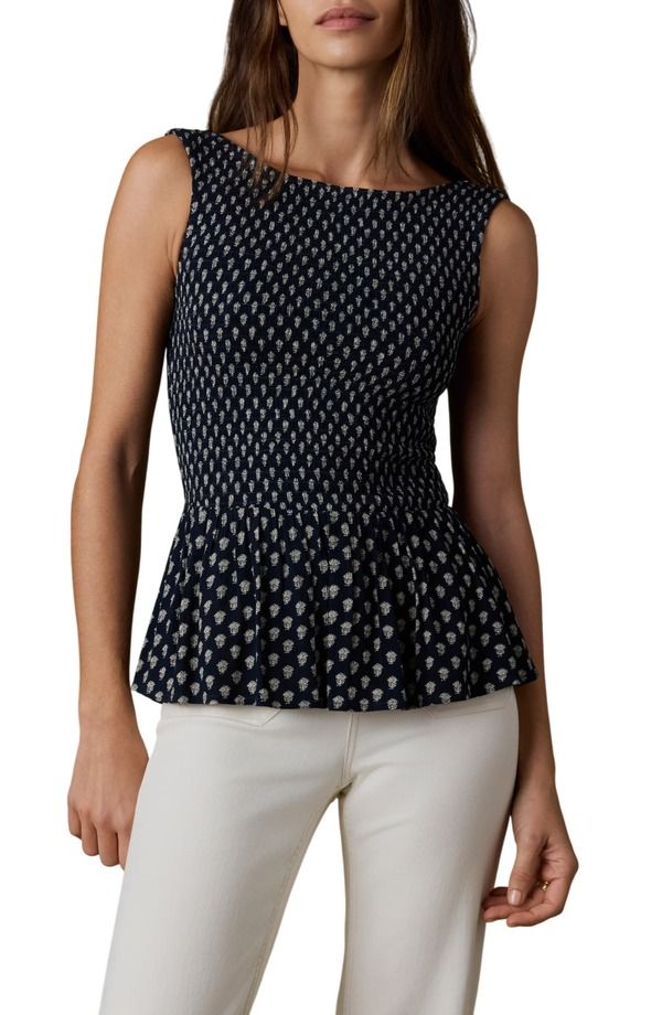 ファレティ レディース トップス シャツ ノースリーブ シャーリング Faherty Sophia Sleevelessmocked Peplum Top Navy Lotus Floral ネイビー