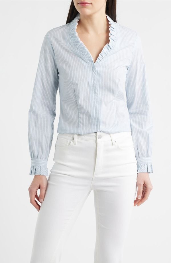 アンクライン レディース トップス シャツ フリル コットン Anne Klein Ruffle Detail Stripe Cotton ButtonUp Shirt Blue Wash Multi ブルー