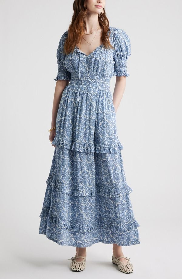 トレジャーアンドボンズ レディース トップス ワンピース ティアード フリル マキシ Treasure Bond Smock Waist Ruffle Trim Tiered Maxi Dress Blue Lace Allover ブルー