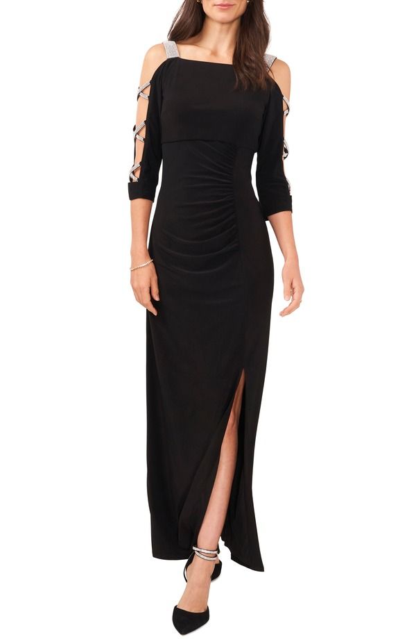 チャウス レディース トップス ワンピース マキシ Chaus Embellished Cold Shoulder Maxi Dress Black ブラック