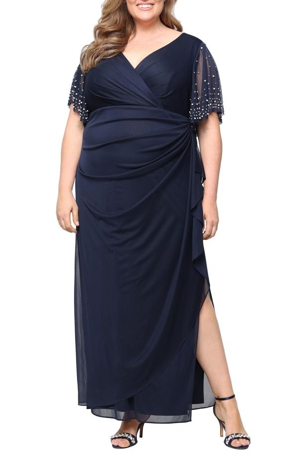 アレックスイブニングス レディース トップス ワンピース シフォン Alex Evenings Rhinestone Sleeve Chiffon Gownavy ネイビー