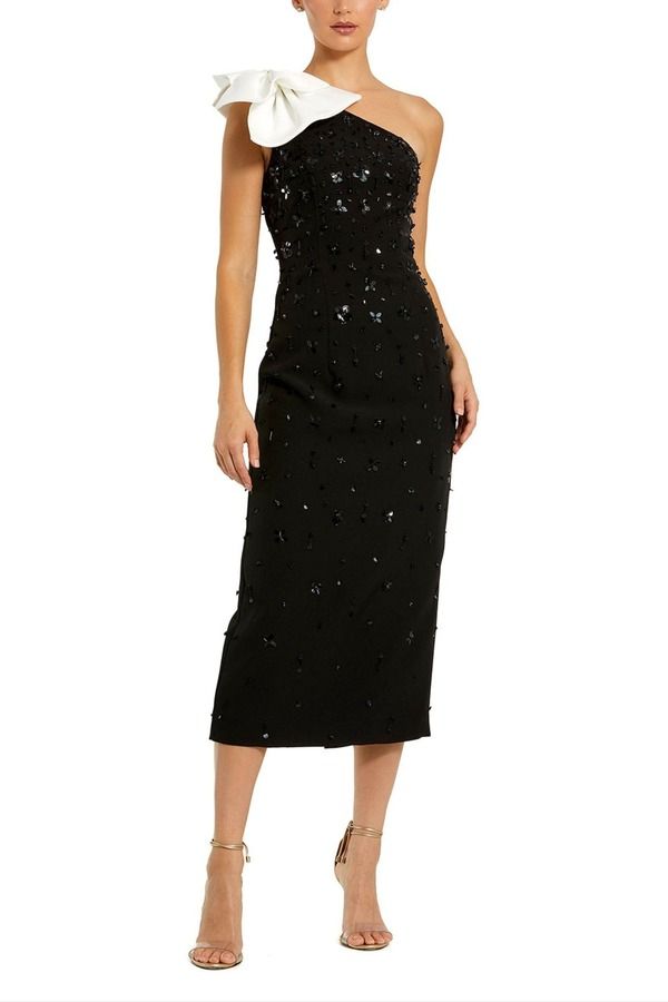 マックダガル レディース トップス ワンピース クレープ ミディ Mac Duggal Beaded Crepe One Shoulder Midi Dress With Bow Black White ホワイト