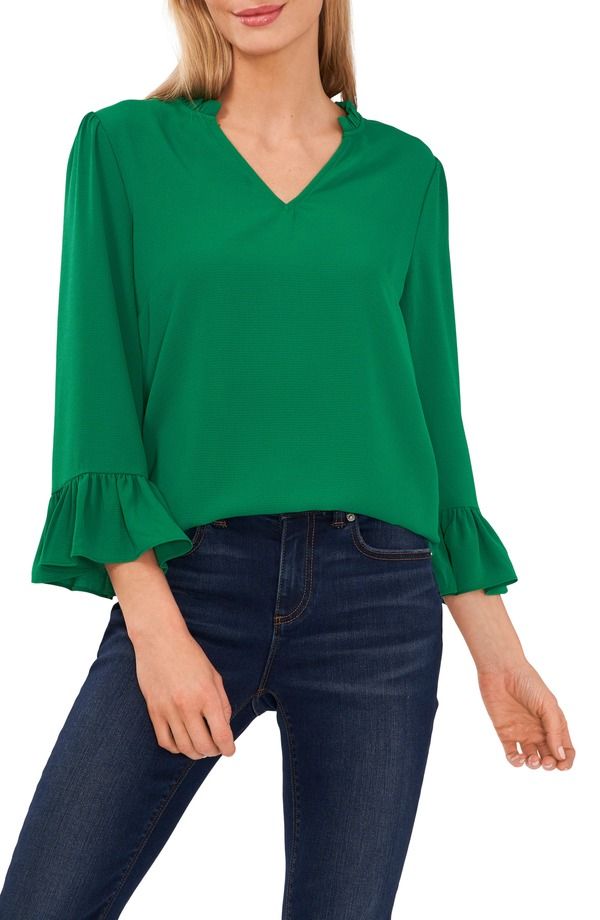 セセ レディース トップス シャツ クレープ フリル CeCe Ruffle Cuff Crepe Top Green グリーン