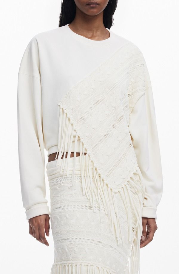 デジグアル レディース アウター パーカー・スウェット シャツ フリンジ Desigual Mixed Stitch Fringe Sweatshirt Ivory アイボリー