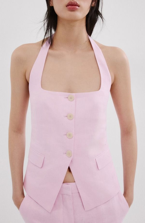 マンゴ レディース アウター ベスト コート リネン MANGO Linen Suit Waistcoat Pink ピンク