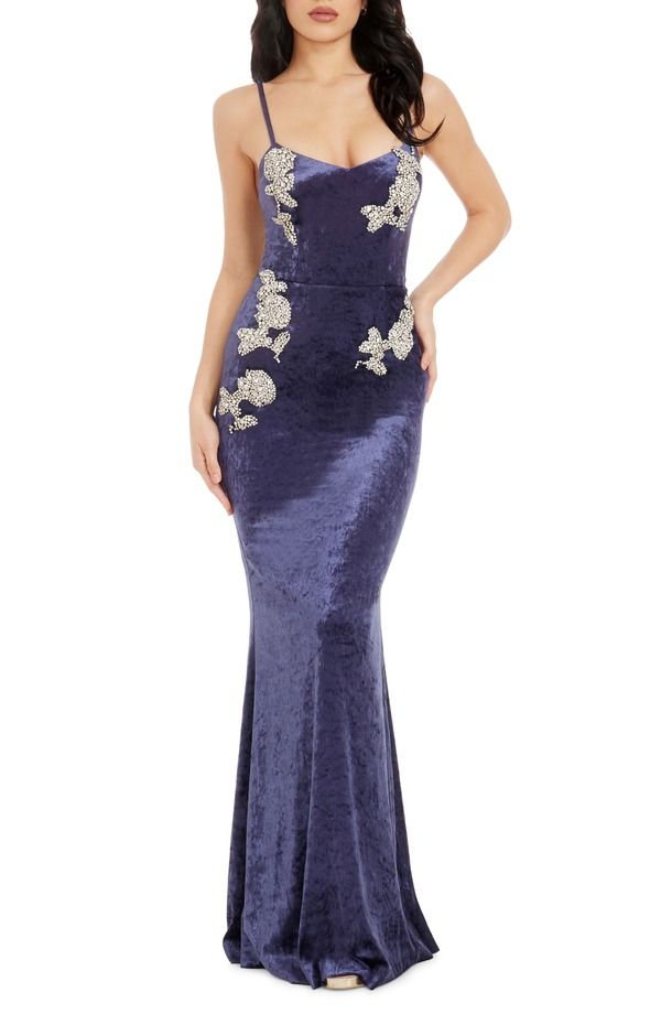 ドレスザポプレーション レディース トップス ワンピース ベルベット Dress the Population Giovanna Crystal Detail Velvet Mermaid Gownavy ネイビー