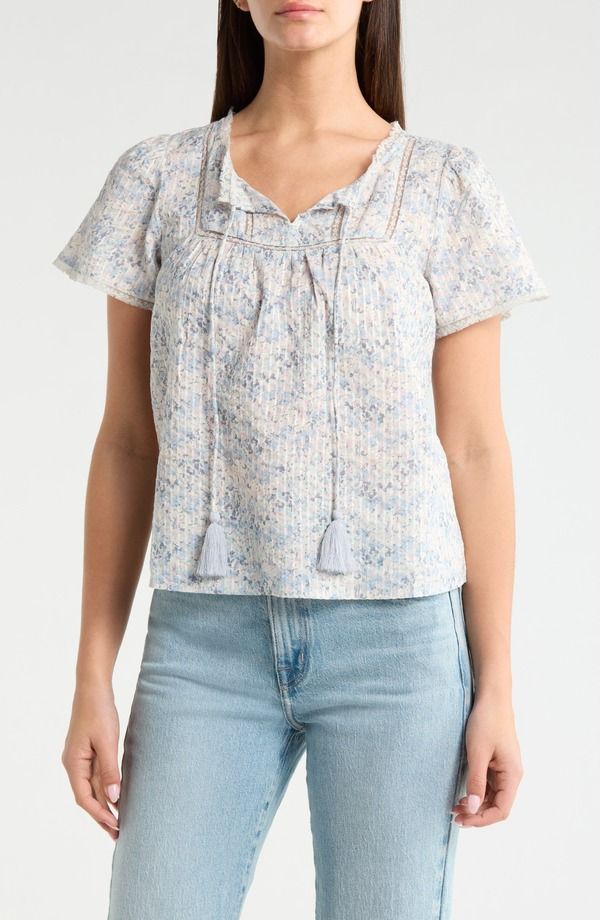 ラッキーブランド レディース トップス シャツ フラワー柄 コットン フラワー Lucky Brand Floral Flutter Sleeve Cotton Blend Top Blue Floral ブルー