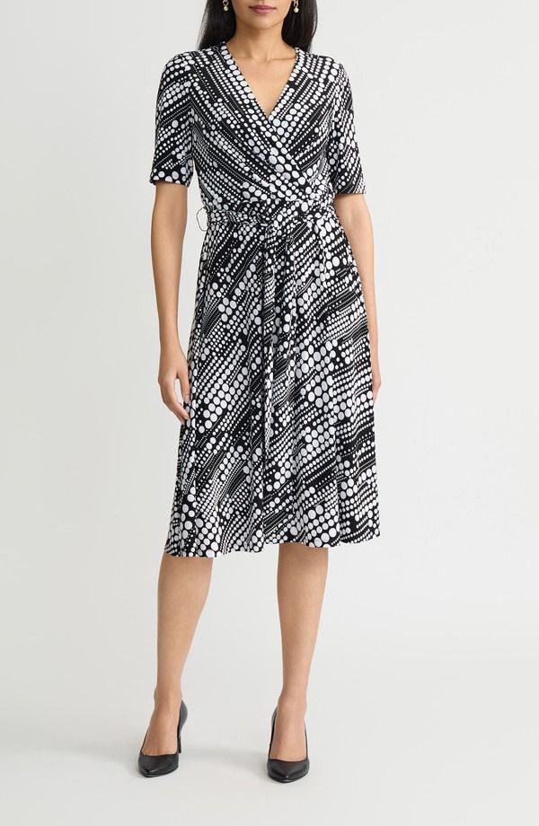 カスパール レディース トップス ワンピース プリーツ KASPER Pleated Tie Belt Dress Black Lily White ホワイト