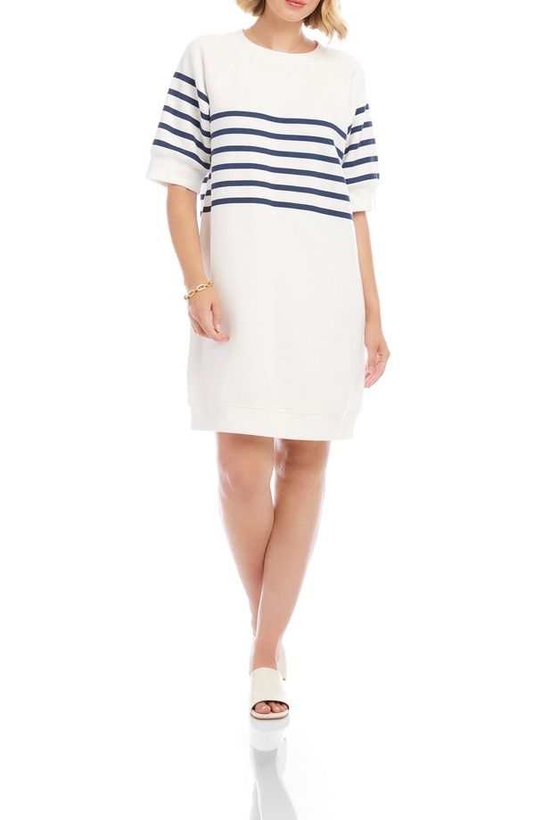 カレンケーン レディース トップス ワンピース フリース Karen Kane Stripe Fleece Shift Dress OffWhite Navy オフホワイト