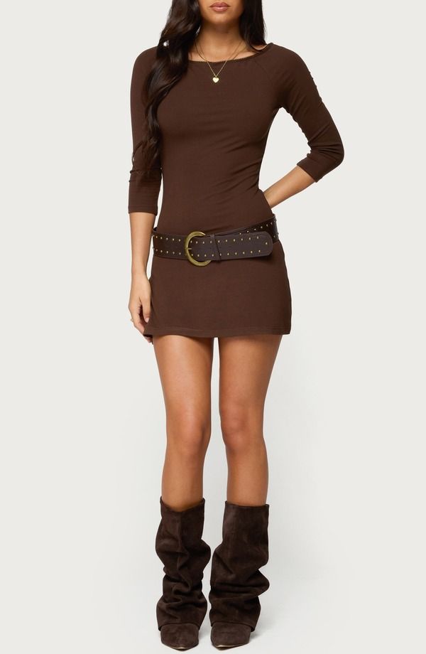 アディクテッド レディース トップス ワンピース ミニ EDIKTED Jadey Boat Neck Minidress Brown ブラウン