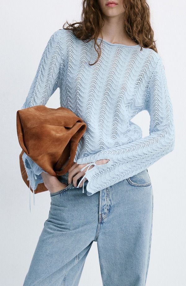 マンゴ レディース アウター パーカー・スウェット セーター コットン MANGO Mixed Open Stitch Long Sleeve Cotton Sweater Sky Blue ブルー