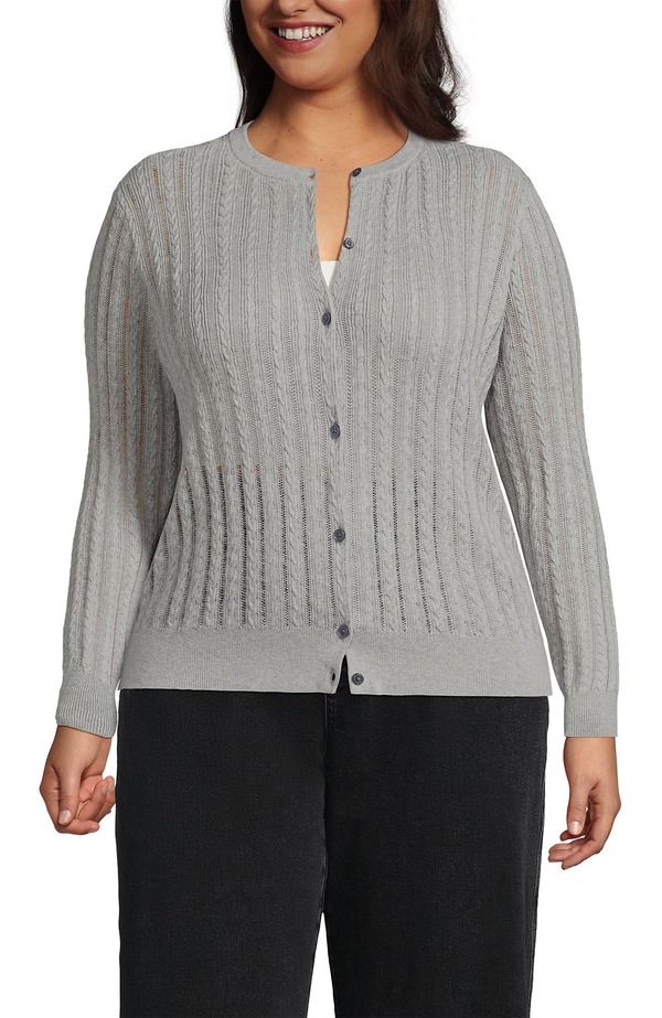 ランズエンド レディース アウター パーカー・スウェット プラスサイズ セーター コットン カーディガン Lands End Plusize Cotton Pointelle Modern Cardigan Sweater Gray Heather グレー