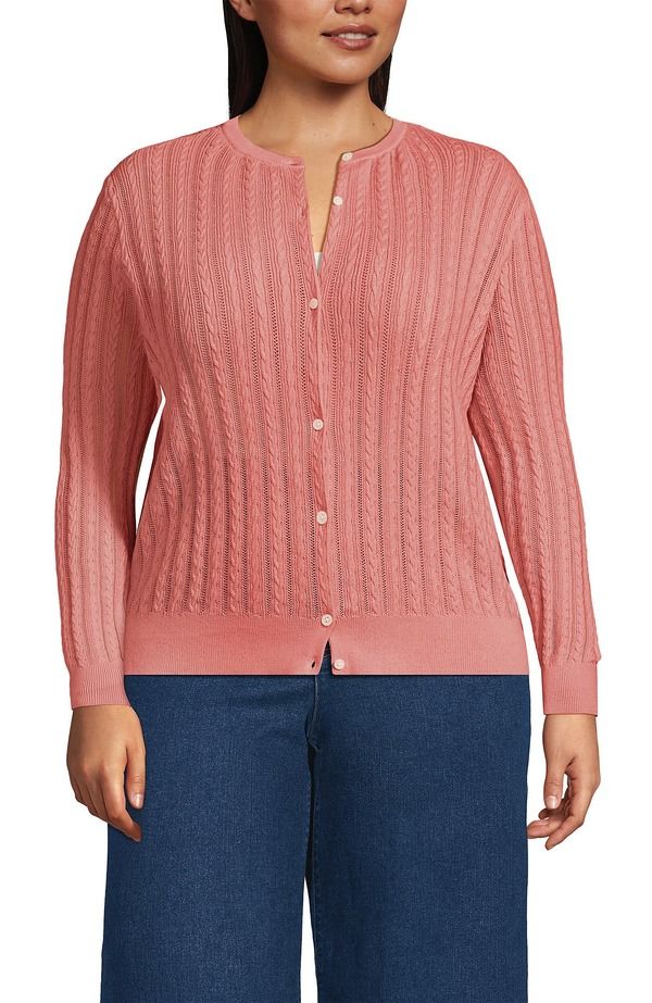 ランズエンド レディース アウター パーカー・スウェット プラスサイズ セーター コットン カーディガン Lands End Plusize Cotton Pointelle Modern Cardigan Sweater Sunset Coral Pink