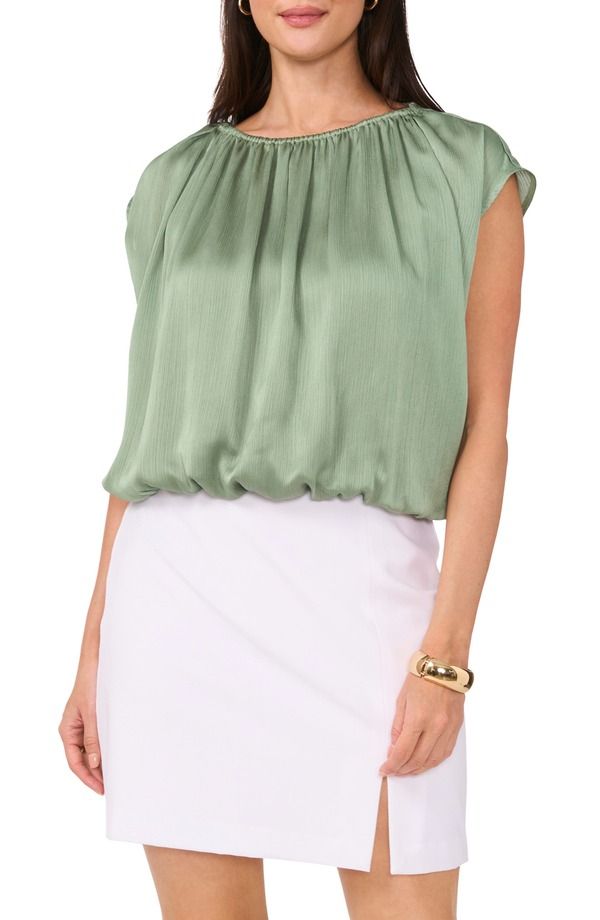 ヴィンスカムート レディース トップス シャツ サテン Vince Camuto Textured Satin Bubble Top Eucalyptus