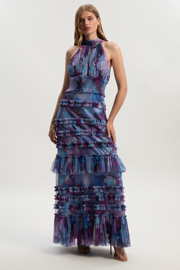 カレンミレン レディース トップス ワンピース チュール マキシ ホルター Karen Millen Tulle Layered Halter Neck Maxi Dress Floral