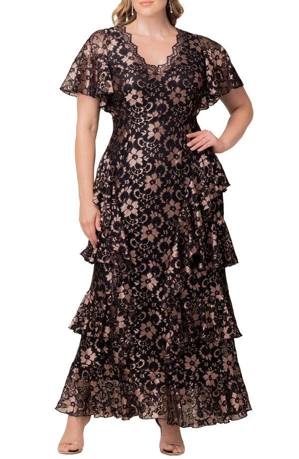 キヨナ レディース トップス ワンピース ティアード レース Kiyonna Mon Ange Tiered Lace Gown Rose Gold ゴールド