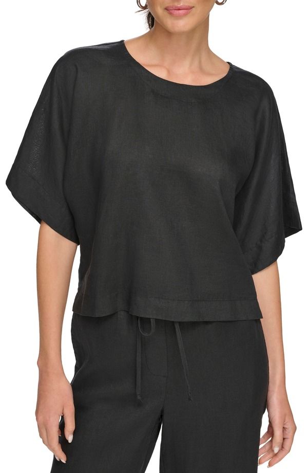 ダナ キャラン ニューヨーク レディース トップス シャツ ドロップショルダー リネン DKNY Drop Shoulder Boxy Linen Top Black ブラック